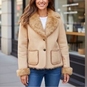 Coldwater Creek Tan Faux Fur Trim/ Faux Suede Jacket- Large